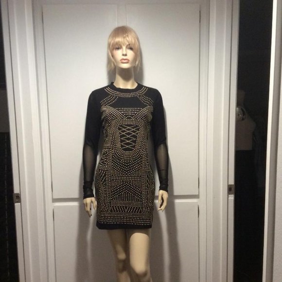 Haute Monde bodycon black mini NWOT metal gold studs & sheer long sleeves size L - Picture 2 of 7